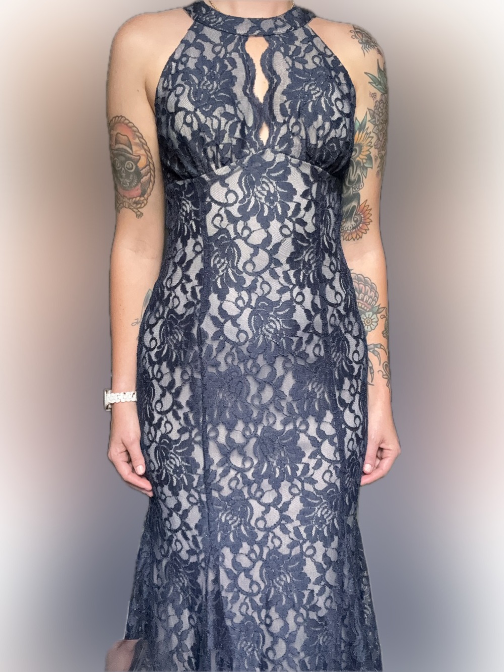Nightway Navy Blue Lace Illusion Keyhole Halter Mermaid Gown 8P